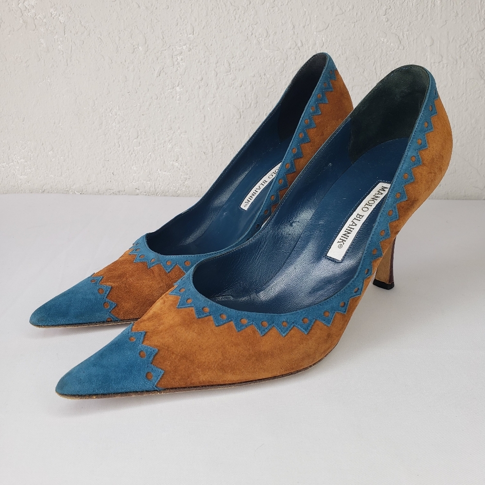 Manolo Blahnik Teal Tan Heels Pointy Toe